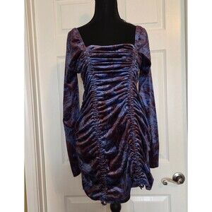 Crushed Velvet Blue & Red Ruched Front Bodycon Dress Womens MEDIUM